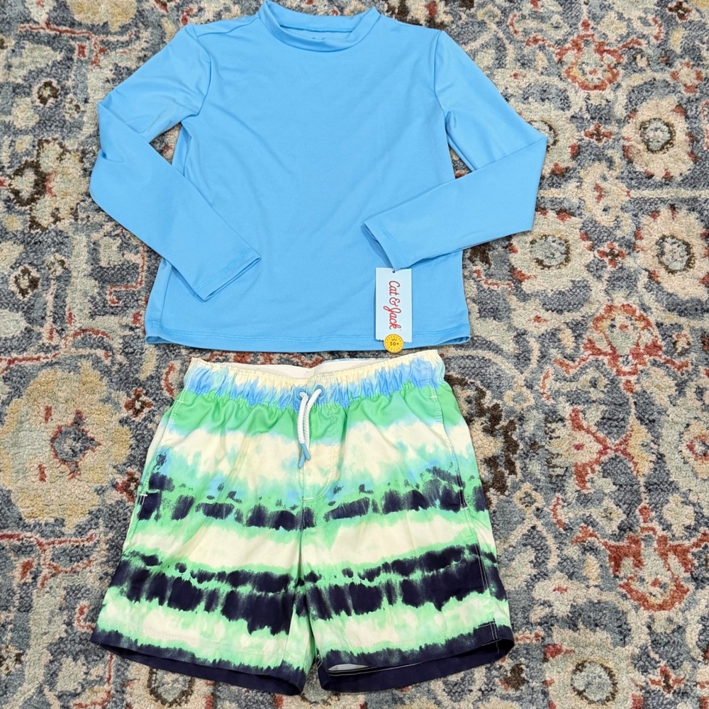 Cat & Jack Swim Set Boys S 6/7 Blue Green Tie Dye Rash Guard Trunks EUC NWT